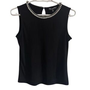 Feminine Halter Peal Beaded Neckline Tank Top Classic Black Flowy XS Minimalist